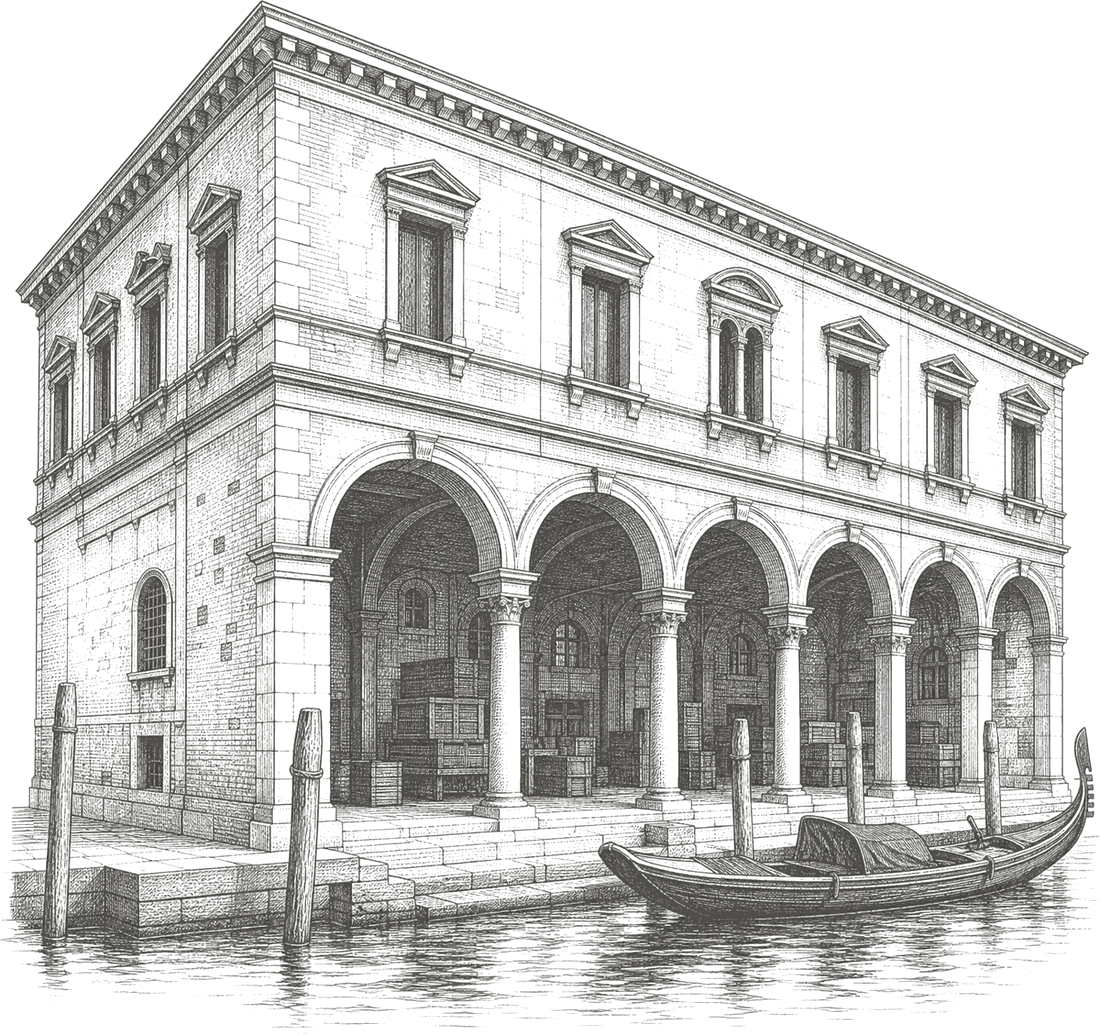 Engraving of a Venetian fondaco seen from the canal — an arcaded trading house with cargo stacked under its arches and a gondola moored at its steps