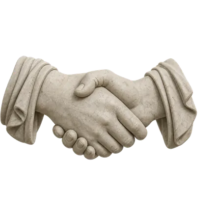Two carved stone hands clasped in a handshake